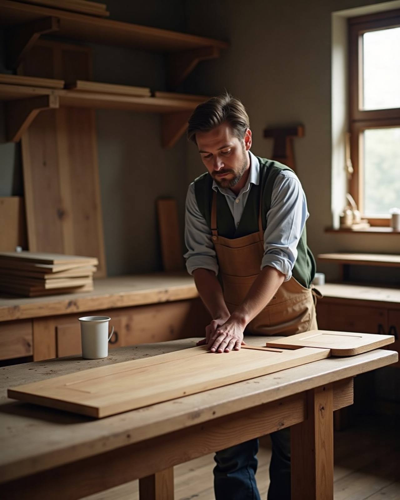 Shaker cabinet door being fitted at a cabinet maker's workbench